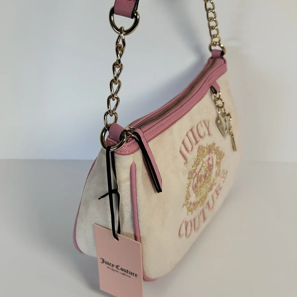 Juicy Couture Velour Shoulder Bag Pink Cream Crown Embroidered Charm NWT Y2K